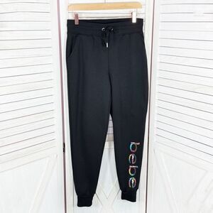 Bebe Sport Rainbow Sequin Logo Fleece Jogger Pants Black Small
